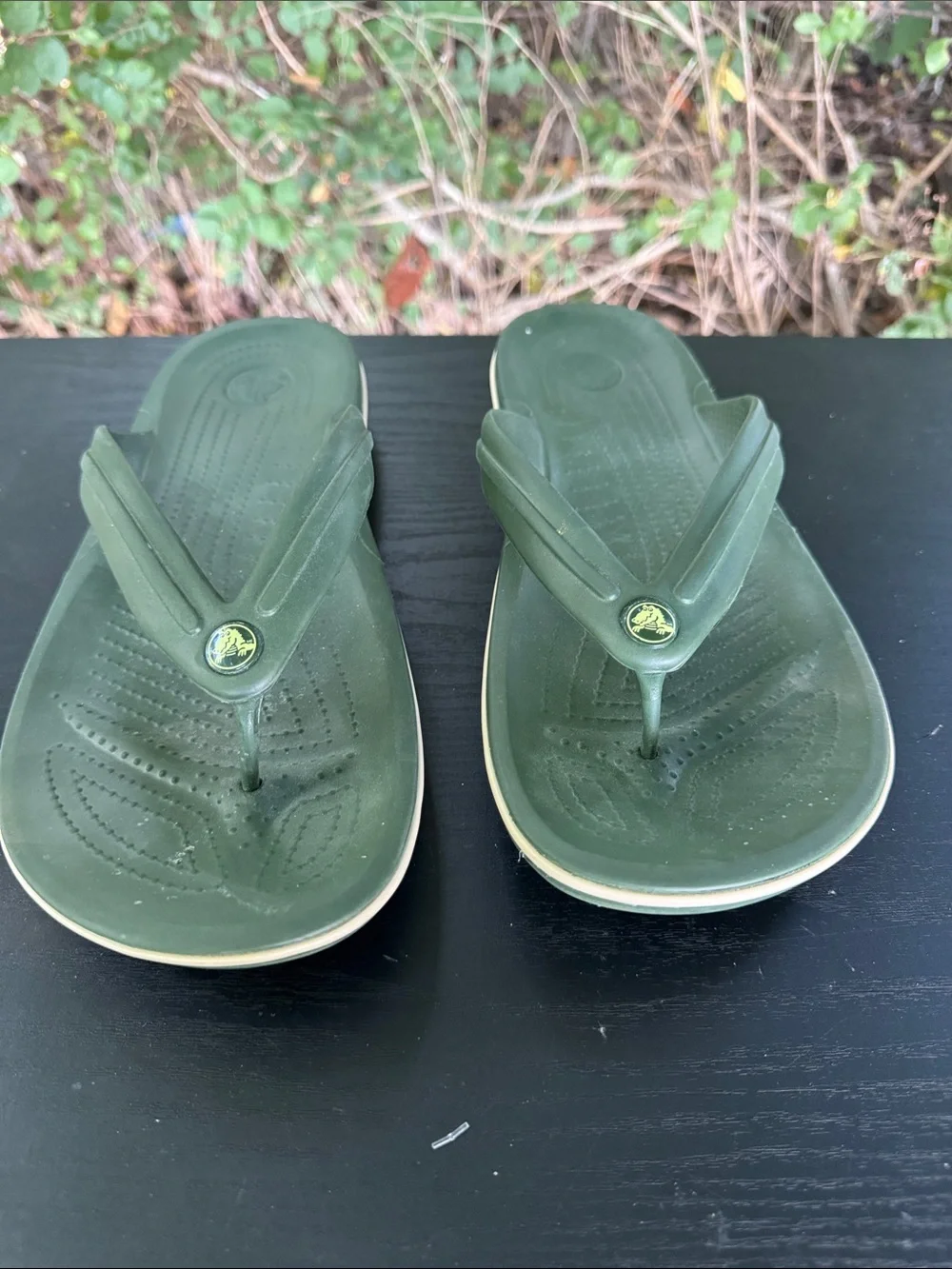 CROCS Olive Green Flip Flops with Tan Trim